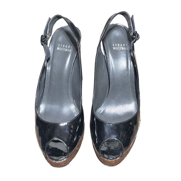 Stuart Weitzman Size 9 Black Patent Leather and Straw Platform Slingback Heels - Picture 4 of 6